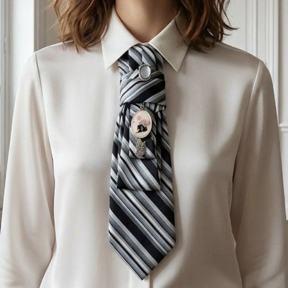 Striped Silk Black and Blue Statement Tie Necklace